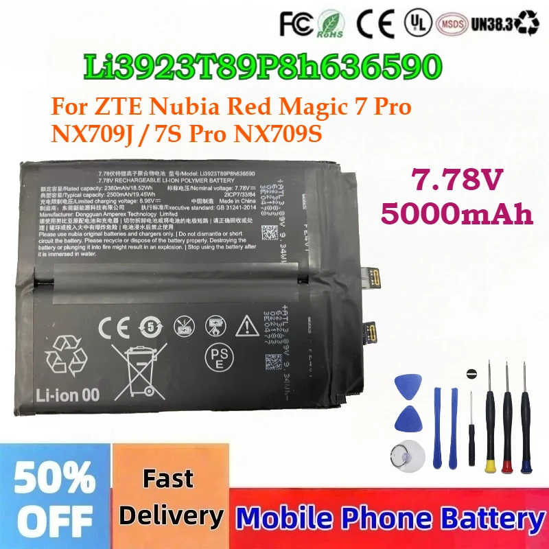7.78V 5000mAh Replacement Mobile Phone Battery LI3923T89P8H636590 For ZTE Nubia Red Magic 7 Pro NX709J / 7S Pro NX709S + Tools
