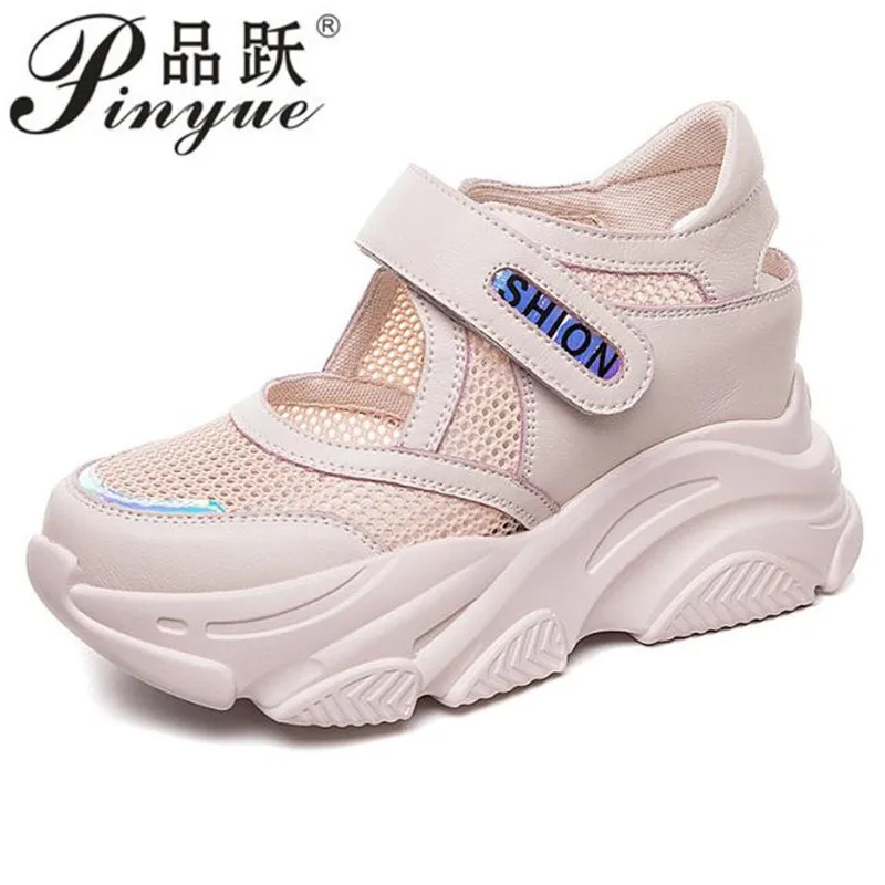 Leather quality  Summer Women Breathable Platform Casual Shoes Women Height Increased Vulcanized Shoes 8CM Thick Sole