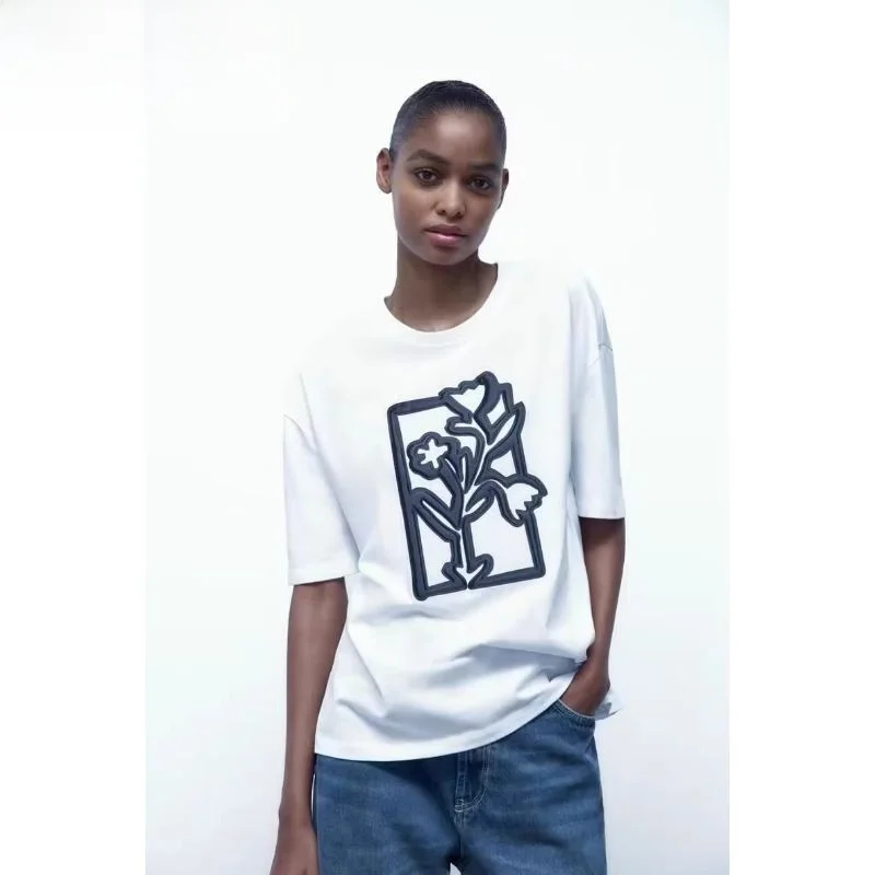 

Summer 2023 Women's Floral Print round Ne Loose ort Sve T-irt Versatile Cute Cartoon Design Casual Comfortable Top