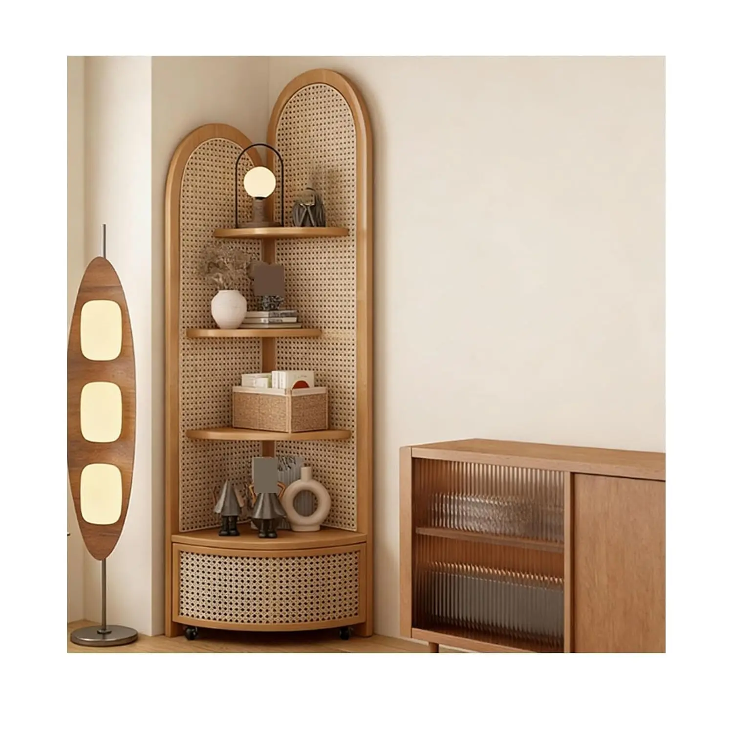 5-Tier Corner Shelf Rattan Triangle Bookshelf Storage Basket Solid Wood Floor Cabinet Living Room Bedroom Office, Customized