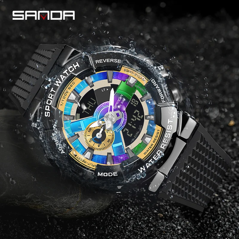 Fashion Sanda Men Military Sport Dual Display Electronic Watch 50m Waterproof Shock Top Luxury Clock Digital Wristwatch 9004