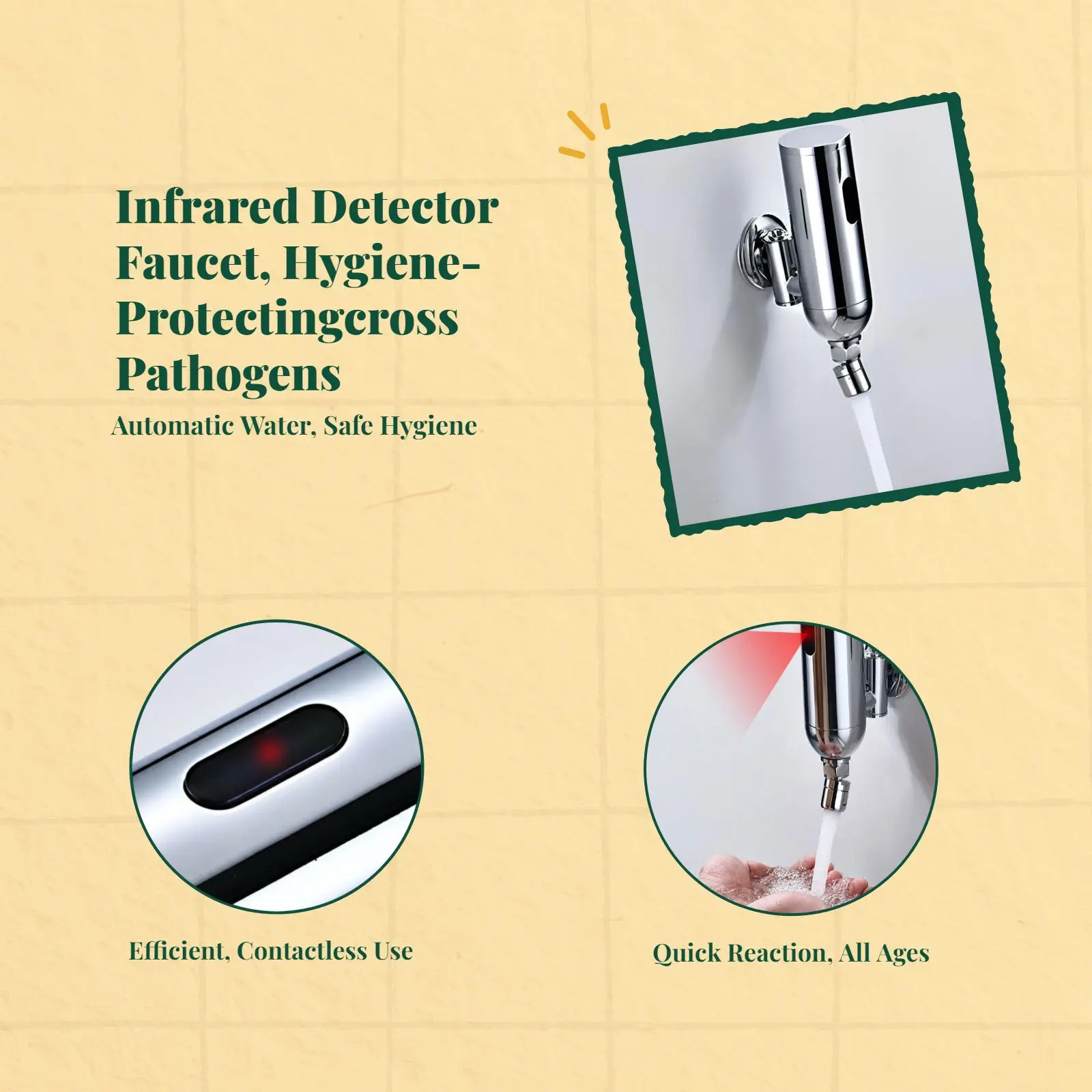 صنبور كاشف بدون لمس، صنبور حوض الحمام الأوتوماتيكي الموفر للمياه المثبت على الحائط، نحاس معزز، مرحاض تجاري