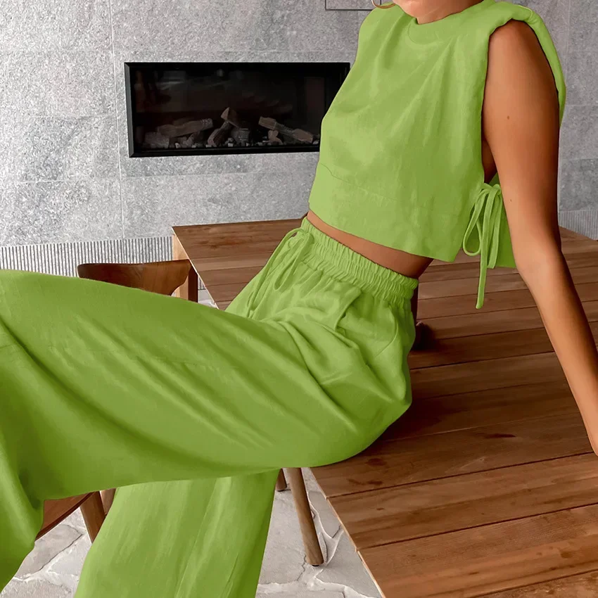 Solid Linen Lace Up Cut Out Top Pants Sets For Women O-neck Sleeveless Crop Tank Drawstring Trouser Suits Lady Y2k Beach Outfit