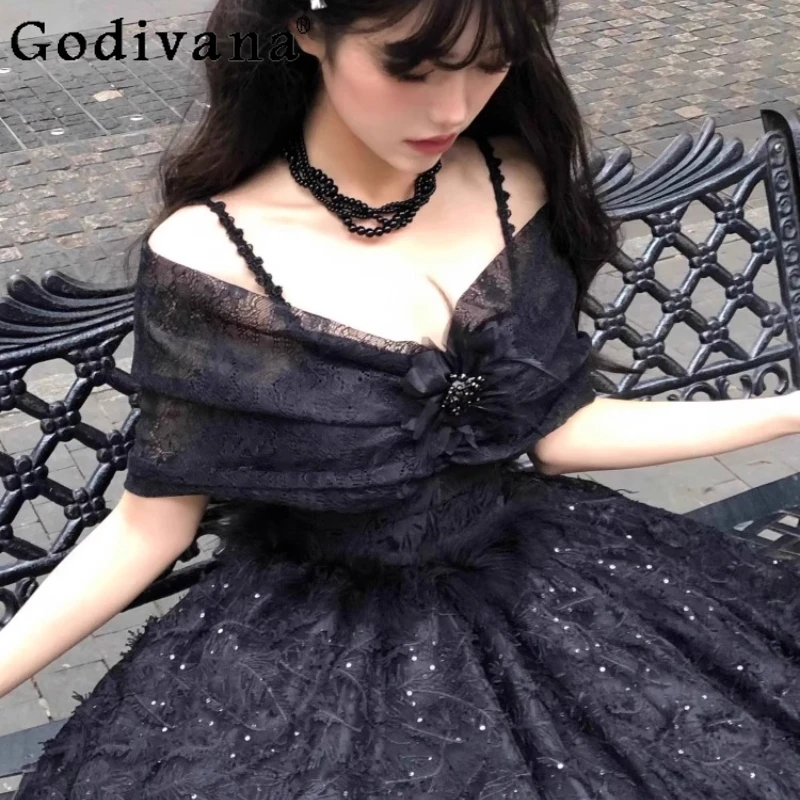 

Black Feather Princess Fairy Dress Women's Elegant Ceremony Flower Marriage Dress Female Goth Style Cosplay Bow Dress