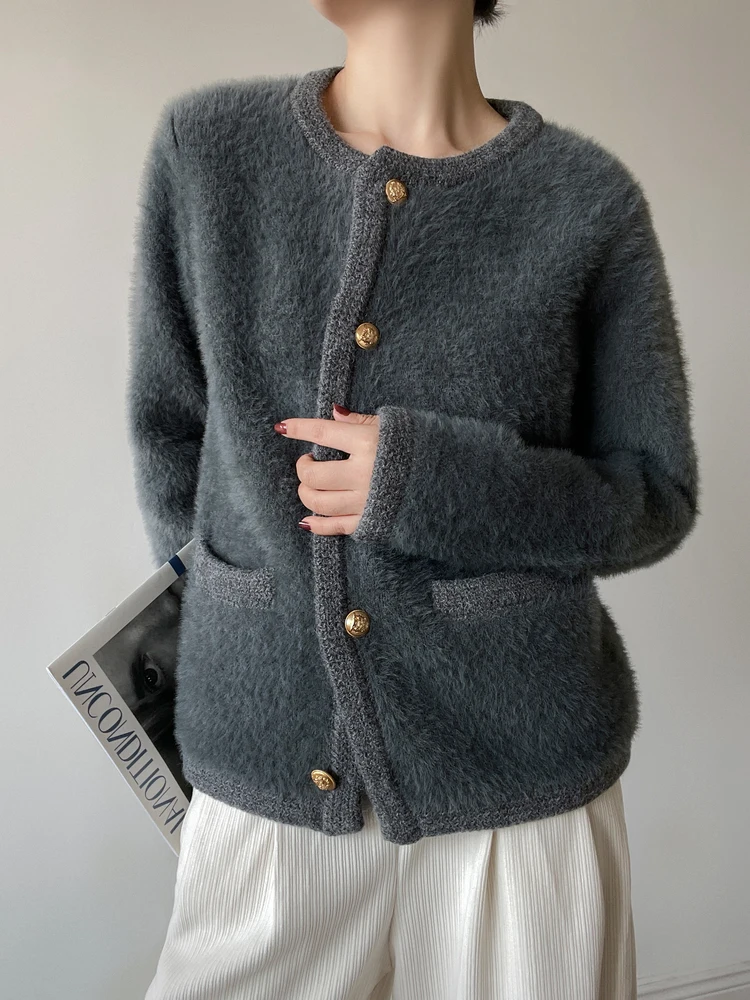 여성용 니트 밍크 스웨터 코트 가을 겨울 루즈핏 라운드넥 롱 슬리브 따뜻한 싱글 버튼 클로저 컬러