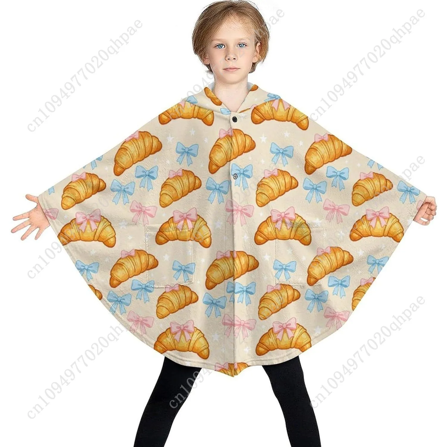 سترة بطانية مريحة من الفلانيل، قلنسوة كبيرة الحجم بنمط نجمة القوس الكرواسون مع جيوب للأطفال والمراهقين #3