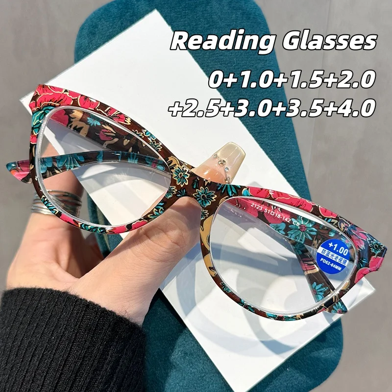 

New Fashionable Cat-Eye Presbyopia Glasses Classic Floral-Print Frames Blue Light Blocking Reading Glasses Men Goggles