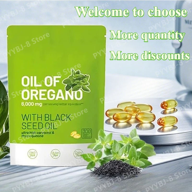 2 in 1 Oil of Oregano Softgels 6000mg with 200mg Black Seed Oil Promote Intestinal Health & Improve Antioxidant Activity 300pcs