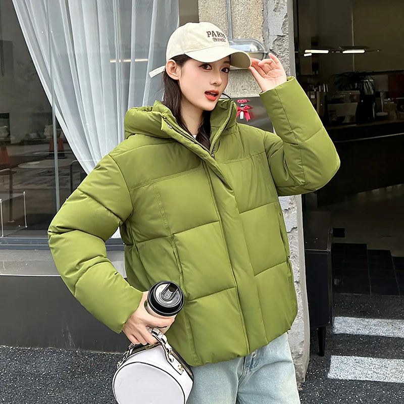 Women Short Hooded Puffer Jacket Loose Oversized Quilted Zipper Closure Minimalist Casual Daily Cotton Jackets Winter Outerwear