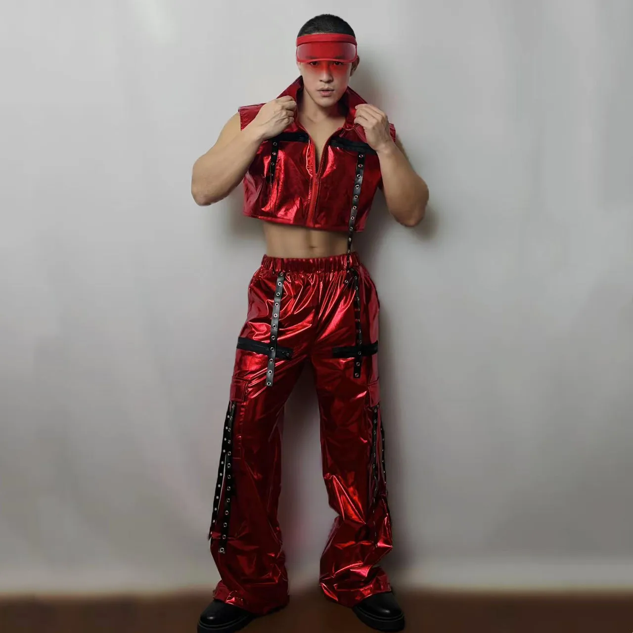 Męski Zestaw Kostiumowy Hip-hop Punk Srebrno-Czerwony Laserowy Bandaż Kamizelka Spodnie 2-częściowy Strój Klubowy Gogo Dancer Seksowny Strój Sceniczny