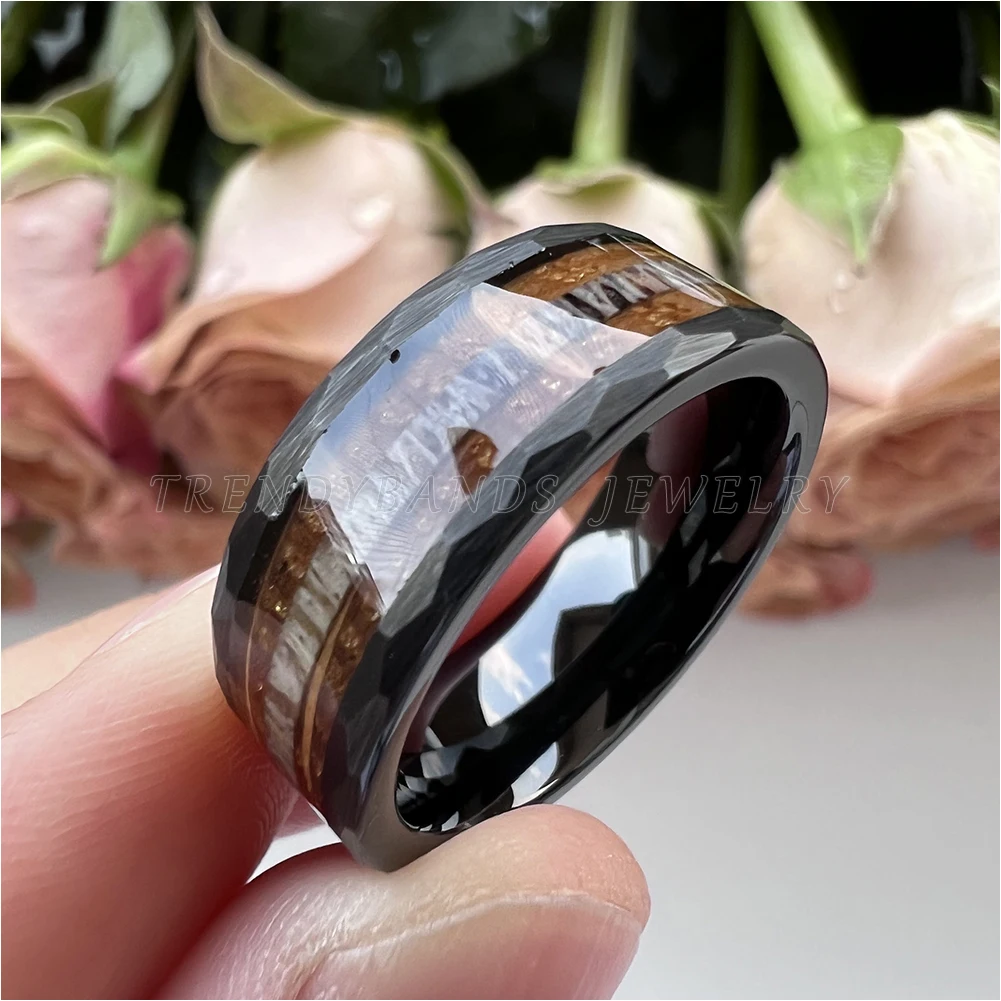 8mm Hammered Fashion Ring for Men Women Tungsten Carbide Engagement Jewelry Wedding Band Whisky Barrel Wood Inlay Brushed Shiny – Detail 13