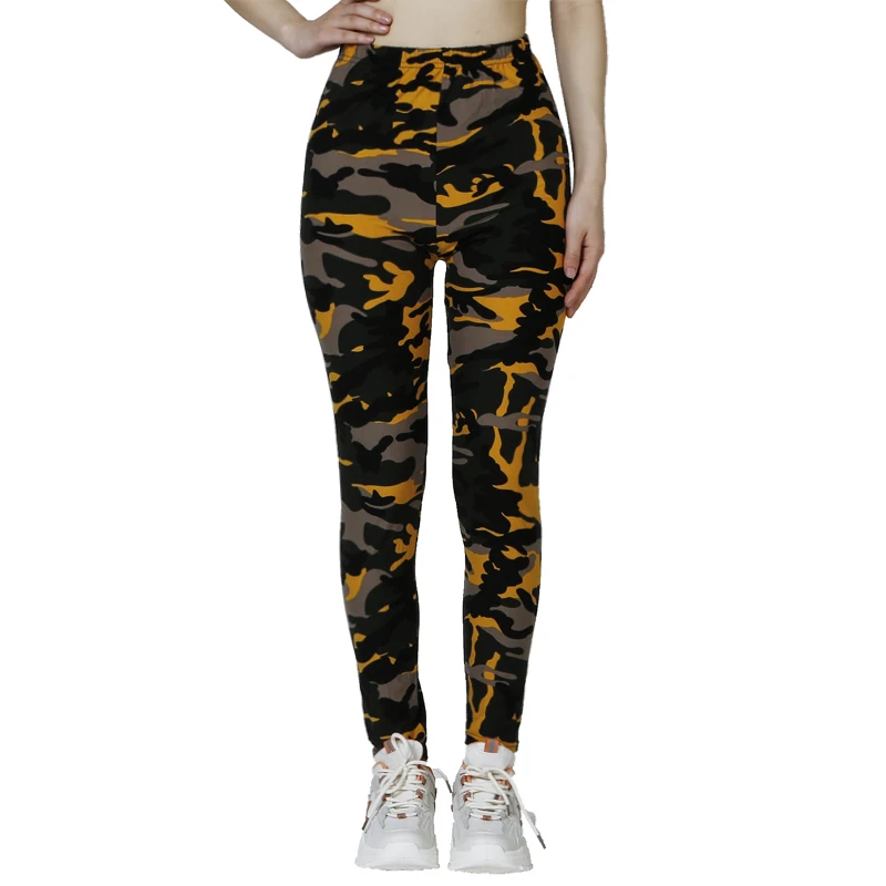 PD73 Camouflage Yellow Gray Printed WOMEN\'S Casual Sports Leggings with High Elasticity, Slim Fit, and Tight Cropped Pants