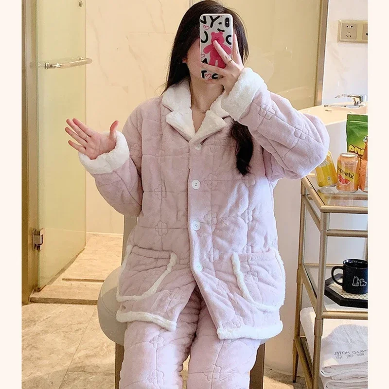 New Warm Pink Thick Pajamas Women Winter Nightgown Flannel Suit Coral Fleece Autumn Winter Loungewear Comfort Simple Sleepwear