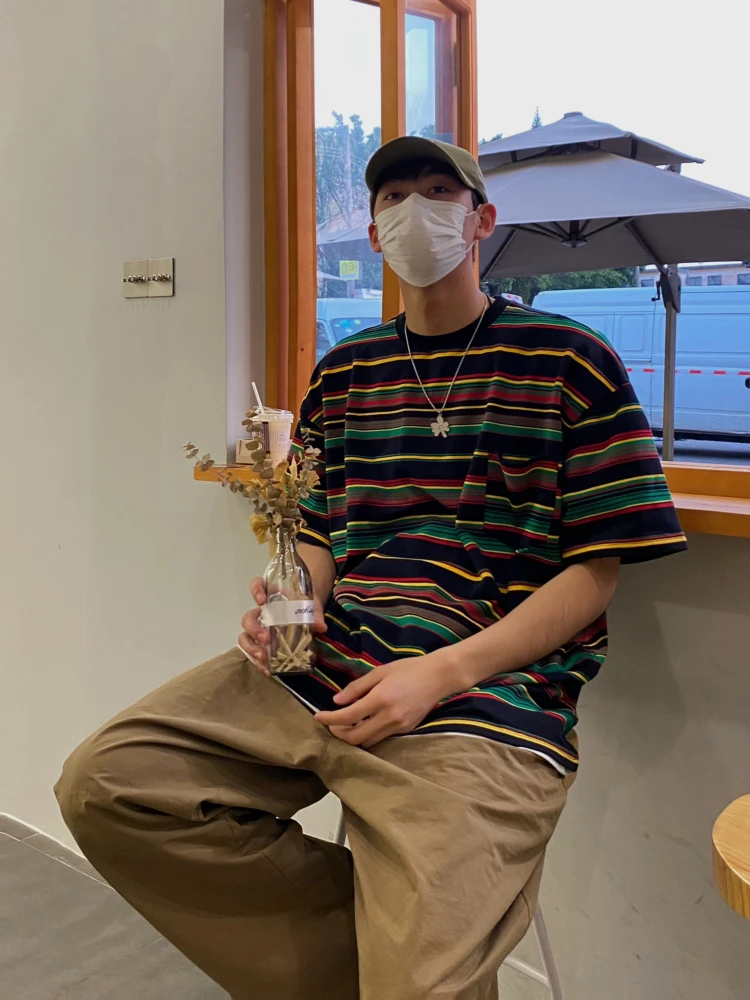 

Large Size Men's T-irt round Ne Striped Casual Loose Couple ort Sve Yellow Jingyu Trendy Anti-Stain Summer Polyester...