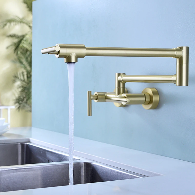 

Commercial Wall Mount Kitchen Pot Filler Folding Faucet Brass Triple Handle with Joint Swing Arm Sink Faucet