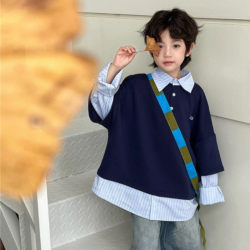 

2025 Autumn New Children's Fake Two Piece Striped Shirt Splicing Cotton Hoodie