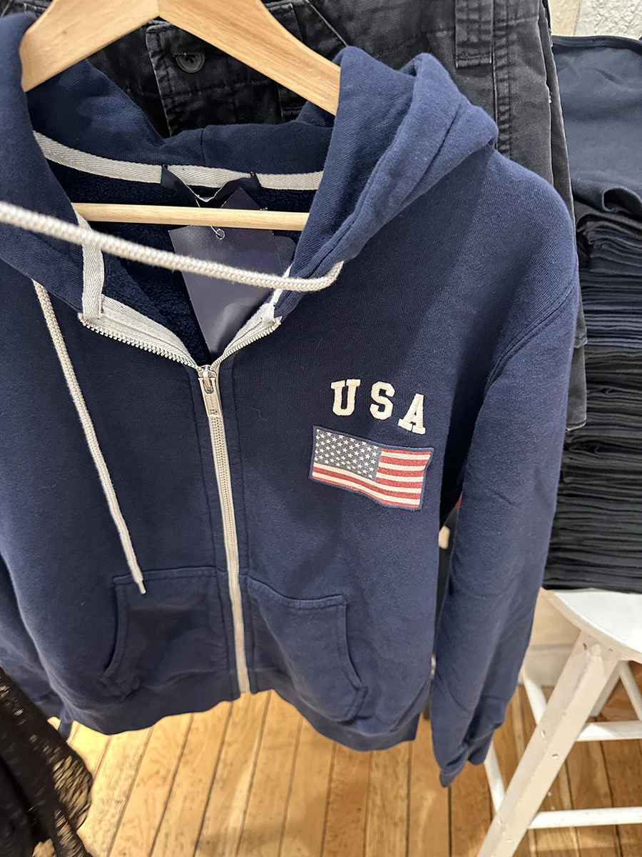 Felpa con cappuccio da donna con zip ricamata con lettera bandiera autunno nuovo cotone manica lunga tasca allentata felpa con cappuccio americana vintage blu scuro