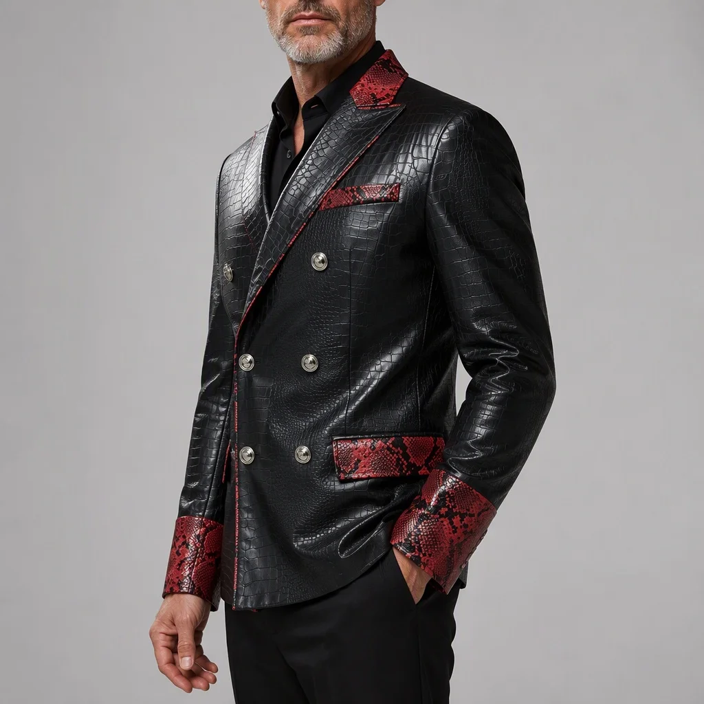 Men's High Quality Black Croc Faux Leather Blazer Red Snake Print Contrast Lapel Double Breasted Jacket Party Evening Outerwear