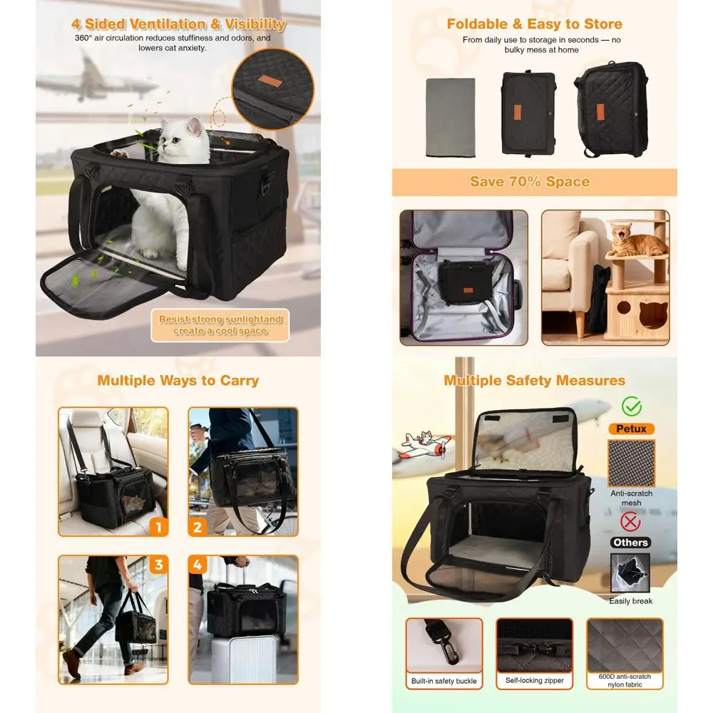 

Компактная складная переноска для кошек, 16x10x9,5, безопасный двойной выход, до 10 фунтов, съемный карман, ремень безопасности, поводок, идеально подходит для воздуха