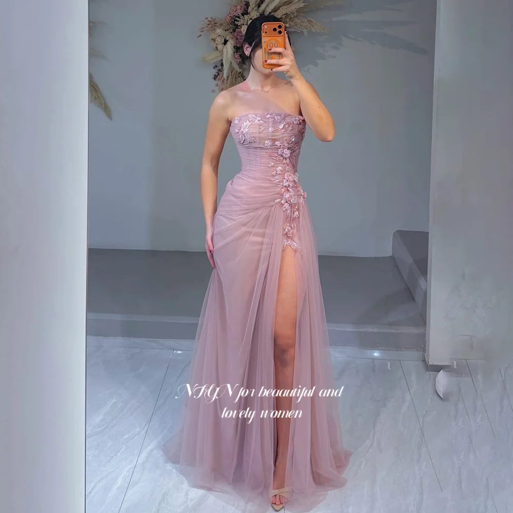 

NFYN High Slit Prom Dress Strapless Evening Dress with Applique Ball Party Dress Flowers Princess Gowns Customized