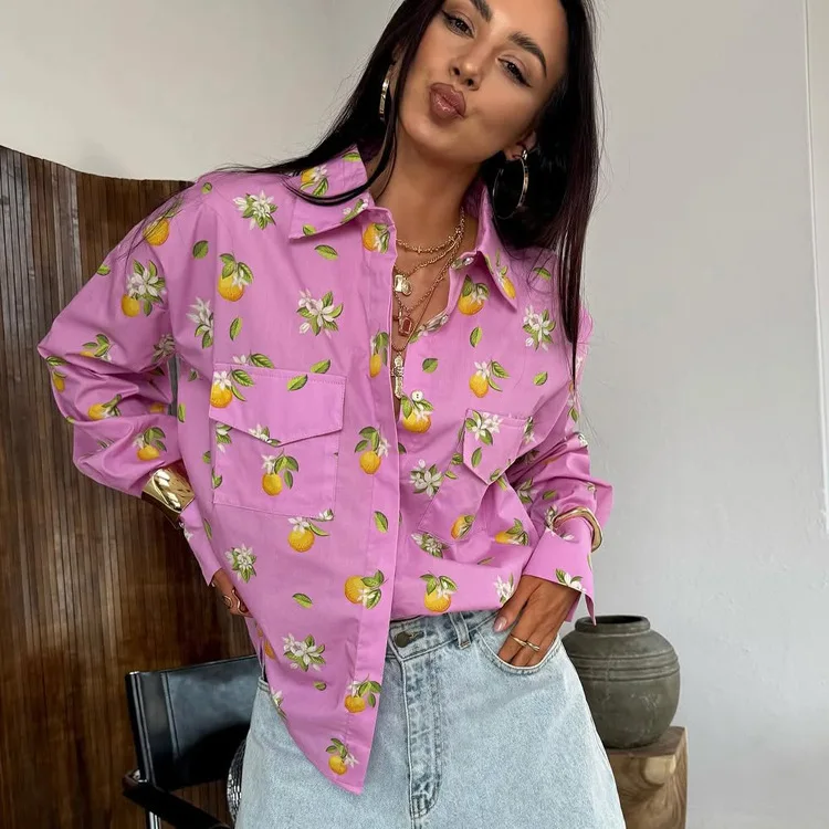 

Осенняя модная свободная женская рубашка с принтом, повседневные рубашки с лацканами и длинными рукавами, элегантный классический топ с карманами, женская блузка