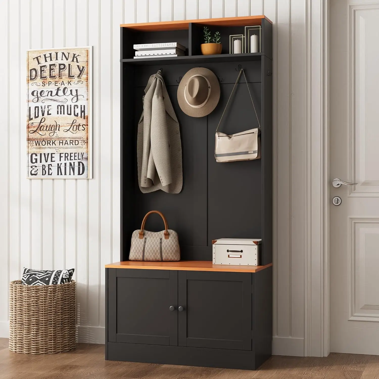 Entryway Hall Tree with Bench and Storage, 5-in-1 Farmhouse Coat Rack with 7 Hooks, Bench with Coat Rack with, Customized