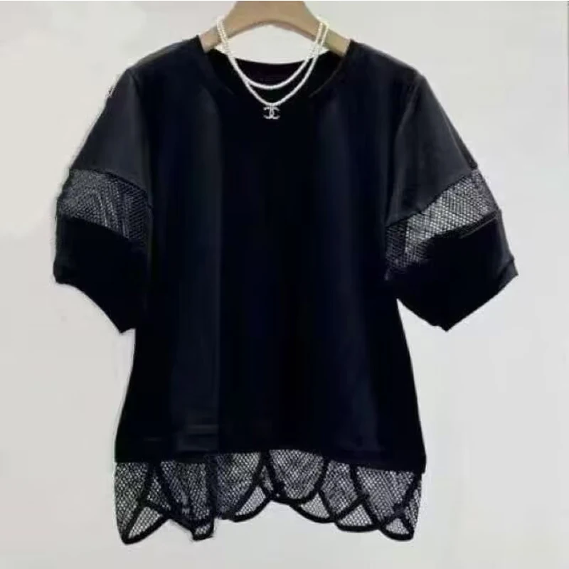 

T-shirt Women's Lace Splicing Hollow 2025 New Design Niche Pullover Short Sleeved Round Neck Top