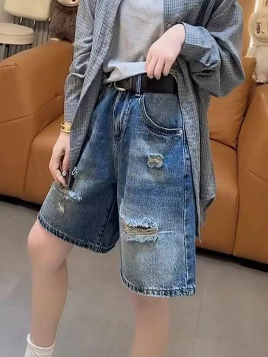 

High Waist Wide Leg Short Jeans Women's Summer Loose Fit Ripped Denim Pants plus Size Straight Cut Five-Point Medium Trousers