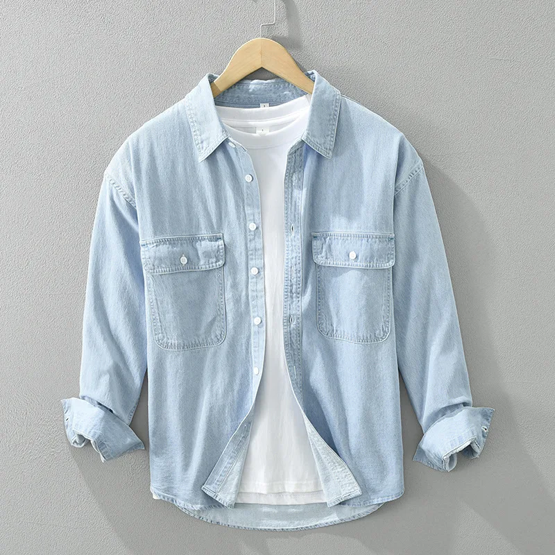 Japan Style Washed Cotton Denim Shirts for Men 2024 Spring Fashion Long Sleeve Soft Loose Blouses for Youth Male Casual Coats