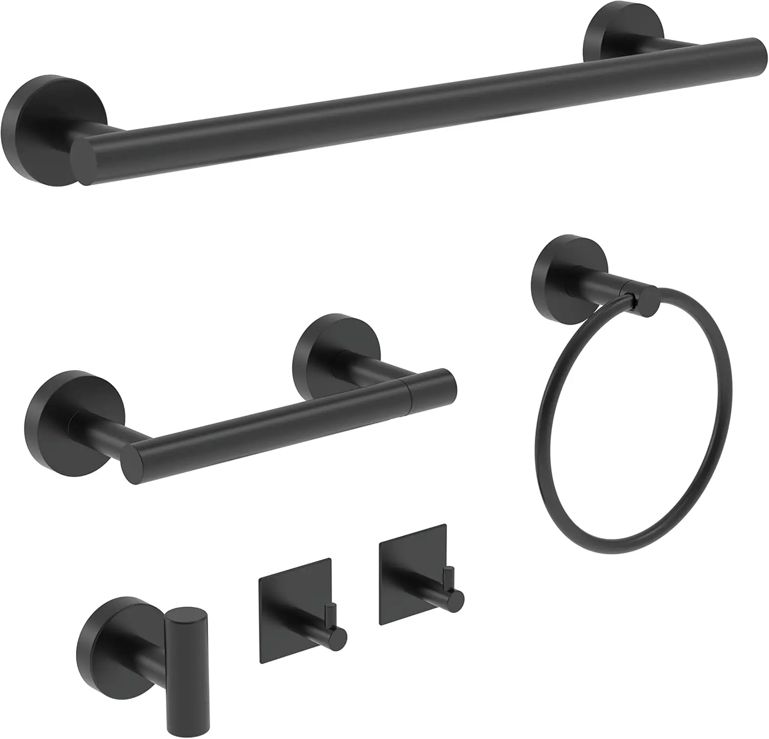 

6-Piece Matte Black Bathroom Hardware Set with Towel Bar, Toilet Paper Holder, and Hooks