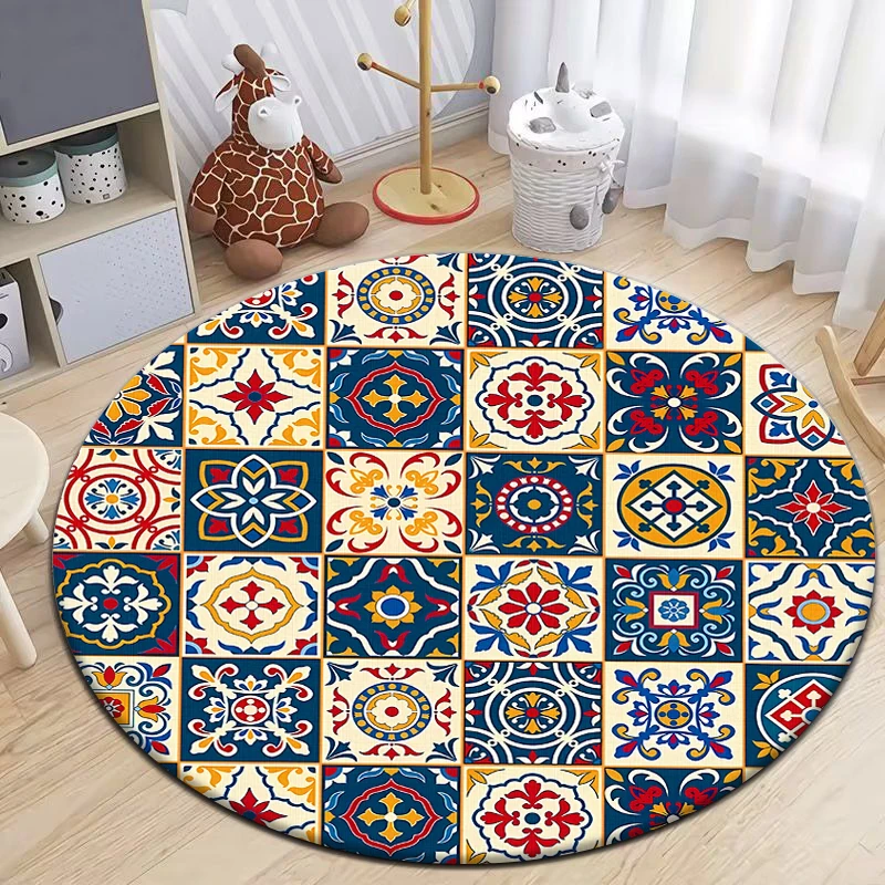 Moroccan Style Printed Round Carpet for Living Room Area Rugs Camping Picnic Mats Anti-Slip Rug Yoga Mat Doormat Floor Mat