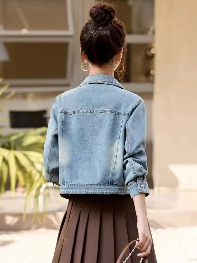 Female Jeans Coats Diamonds Crop Spring Autumn Short Blue with Rhinestones Small Sequin Studded Women\'s Denim Jackets Original
