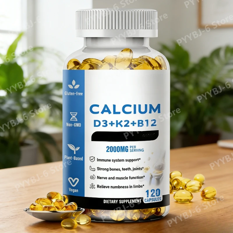 

Calcium with Vitamin D3 K2 & B12-120 Vegan Capsules Daily Dietary Supplement for Nutrient Support Plant-Based Non-GMO for Adult
