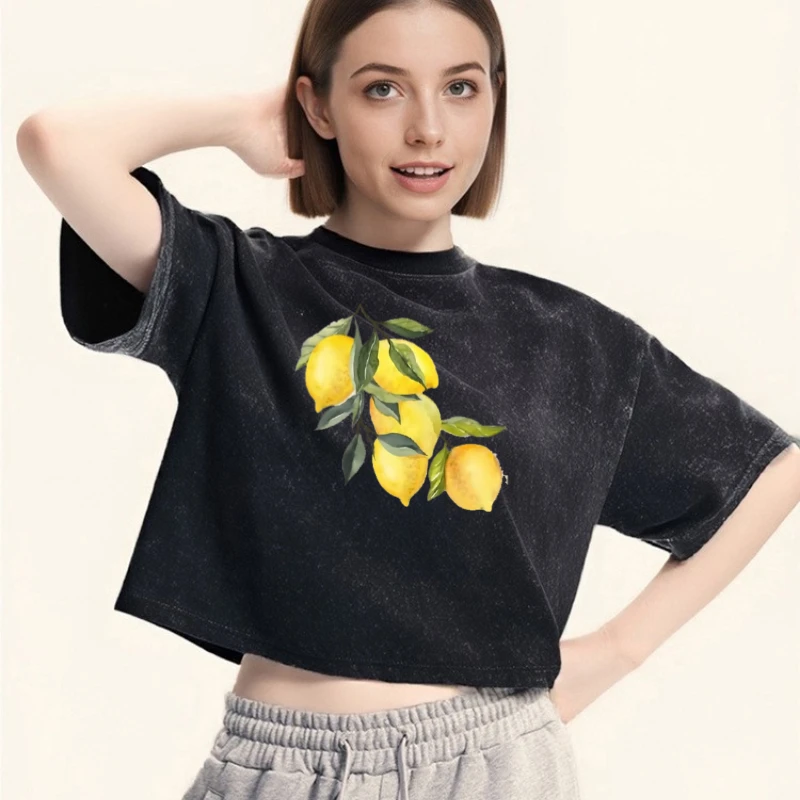 

Креативная летняя хлопковая футболка с принтом лимона и круглым вырезом, свободный женский топ с круглым вырезом и короткими рукавами