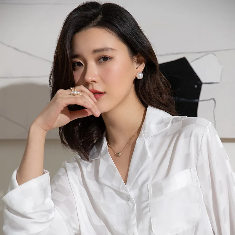 Spring Autumn Women Sleepwear Pajamas Set White Plaid Satin Pijamas 2PCS Shirt&Pant Loose Satin Trouser Home Wear Loungewear image 5