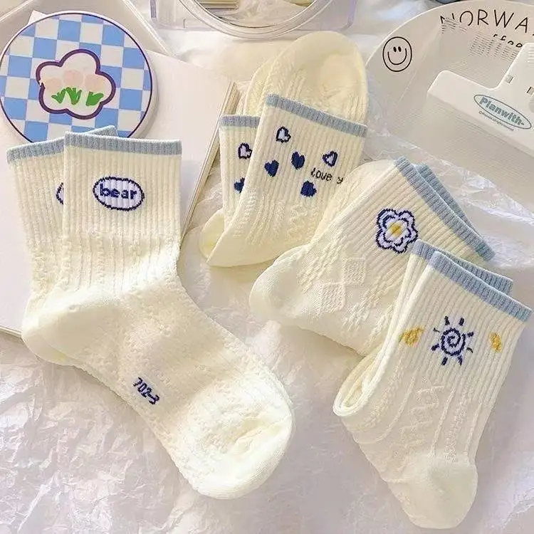 5 Pairs Women's Mid Calf Socks Polyester Jacquard Bear Love Heart Sun Blue Ribbed Crew Socks Cream White Cute Knit Socks view 4