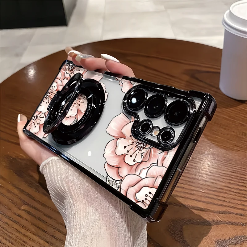 For Samsung Galaxy A27 A57 A37 A17 A36 A25 A15 A56 A26 A16 A55 A35 Flower Print Phone Case Plating Shockproof Bracket Cover