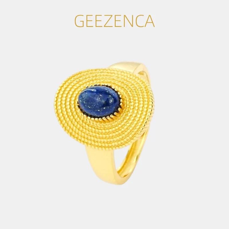 

GEEZENCA 925 Sterling Silver Lapis Lazuli Turquoise Colored Stone Big Hat Statement Ring Women Wide Chunky Open Rings Party Gift
