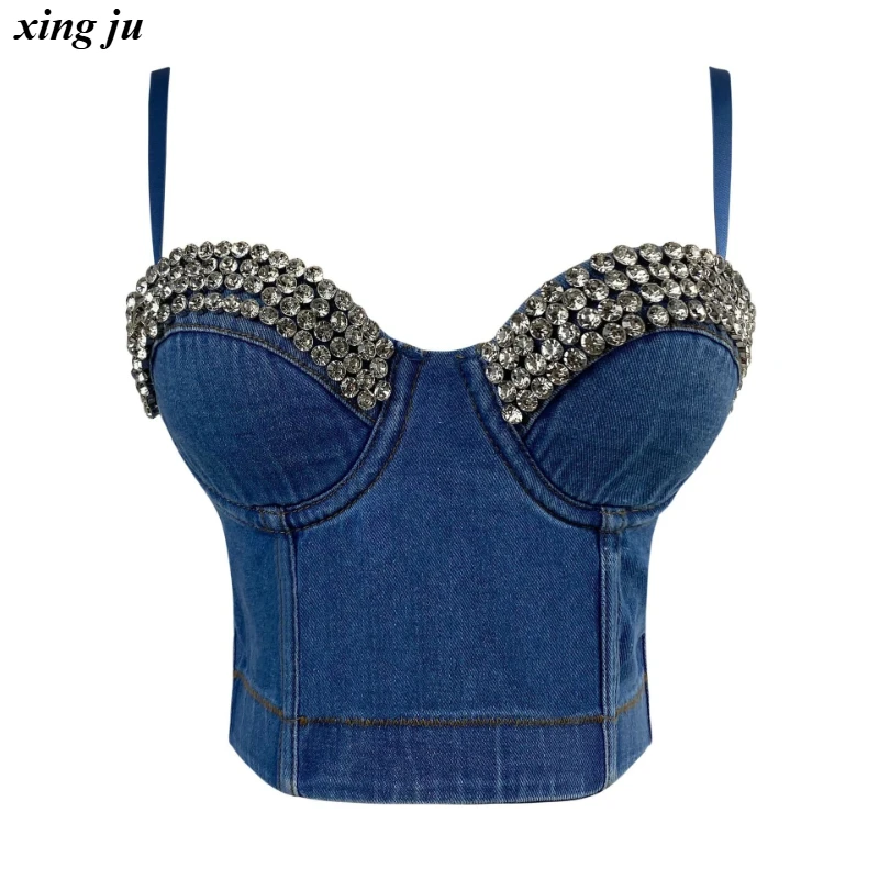 

Xing Ju Nightclub DJ Blue Denim Sling Rhinestone Vest Women Stage Dance Costume Streetwear Sexy Fishbone Crop Tops Singer Wear