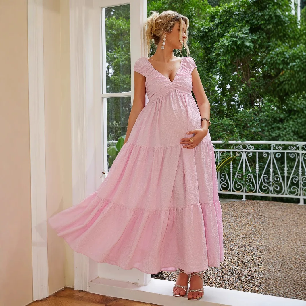 Spring and summer European and American V-neck sexy sleeveless solid color ruffle edge maternity dress 2025 new