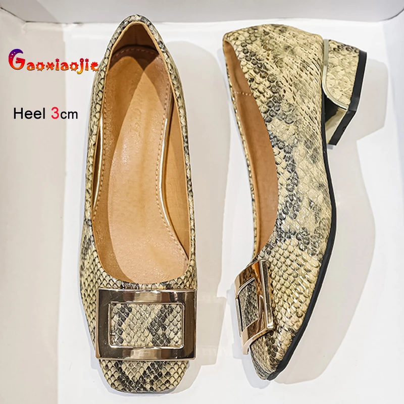 

2025 Comfortable Versatile 3cm Low Heel Women's Pumps Snake Patterned Soft Soled Square Buckle Coarse Heels Female Single Shoes