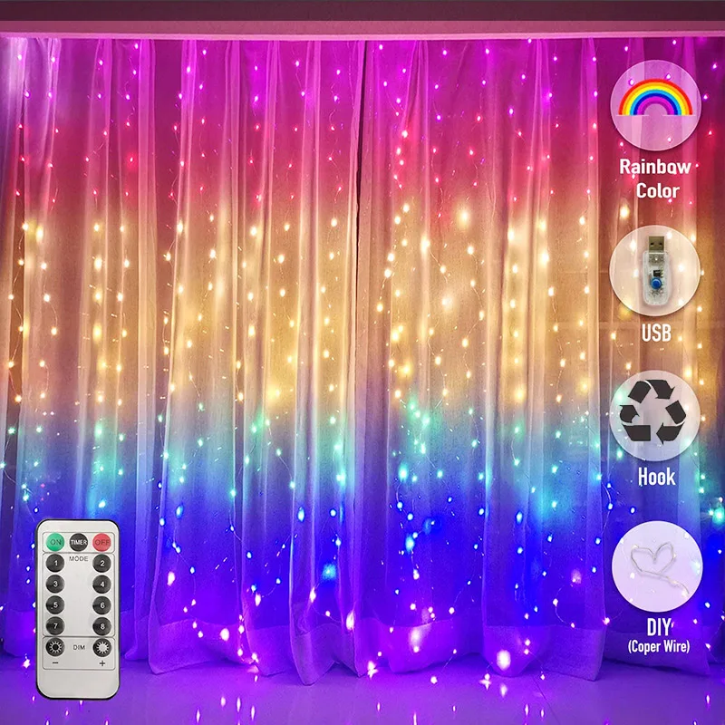 Rainbow Curtain Lights 3X2M LED String Garland Fairy Icicle Decorative Lights for Christmas Party Bedroom Wall Wedding Decor