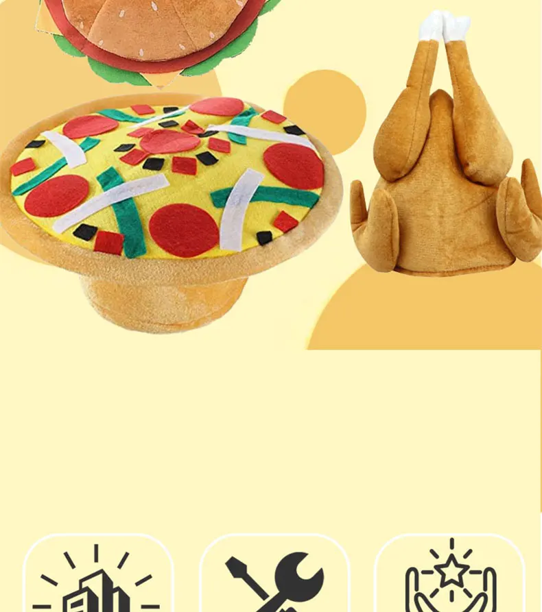 Niedliches, neuartiges Food-Hut-Set, 4-teilig – Hamburger, Pommes Frites, Pizza und Drumstick für Partys, Freizeitkleidung und Geschenke – Detail 2