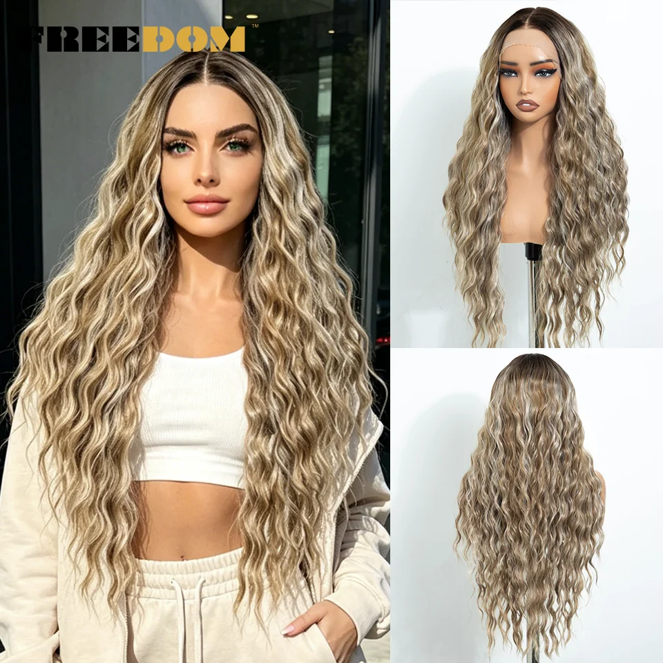 FREEDOM Synthetic Lace Front Wigs For Women 13x4 Curly Lace Wig Ombre Brown Pre Plucked Pre-cut Wear And Go Glueless Lace Wigs