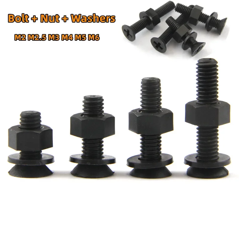 

Black Nylon Countersunk Head Cross Head Screw and Nut Flat Washer Set Combination M3 M4 M5 M6