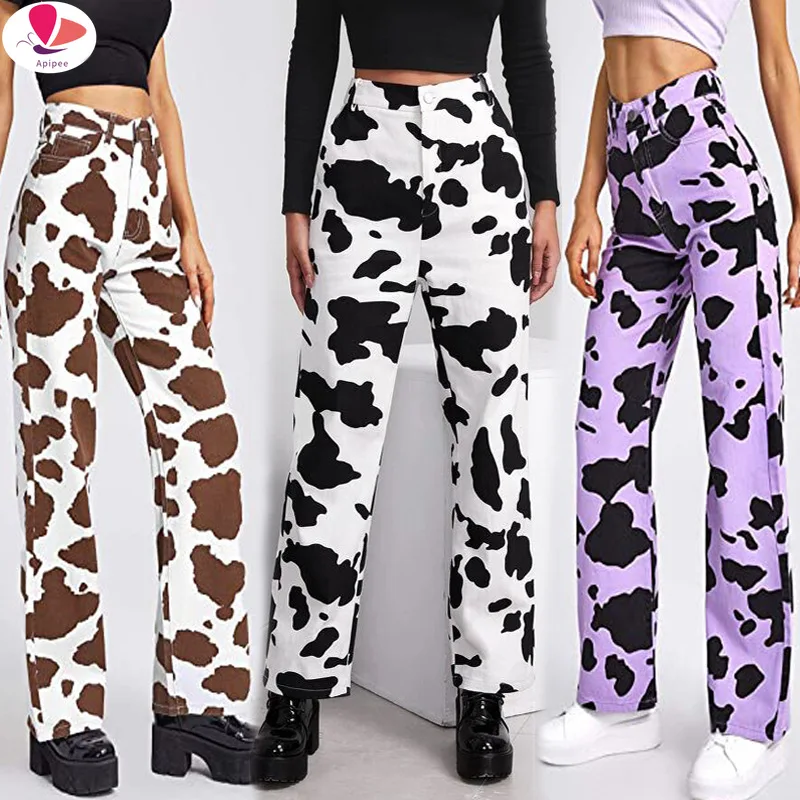 Fashion Milk Cow Print Jeans Denim Pant Women High Waist Loose Straight Pants Harajuku Sweet Casual Wide Leg Trousers Streetwear