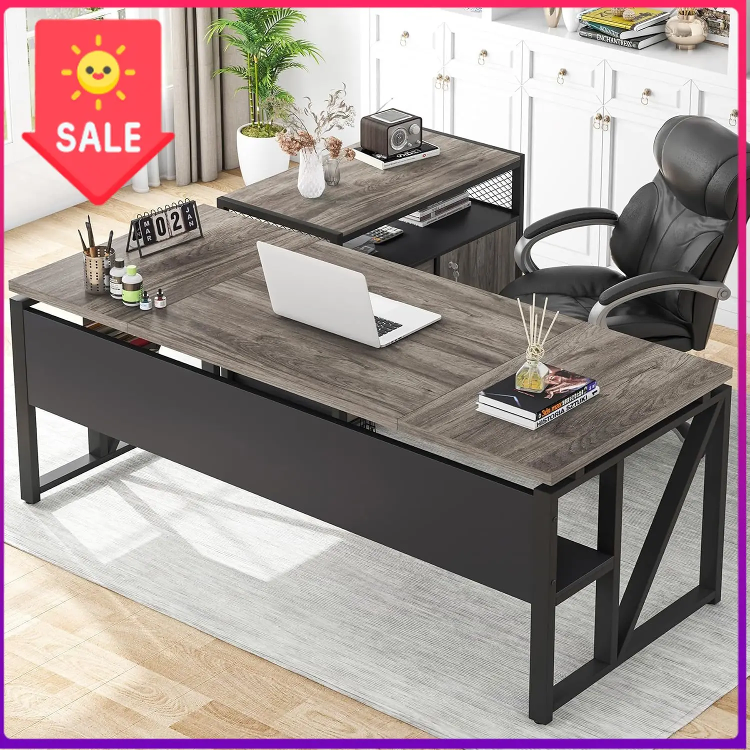 L Shaped Desk with Drawer Cabinet, 63