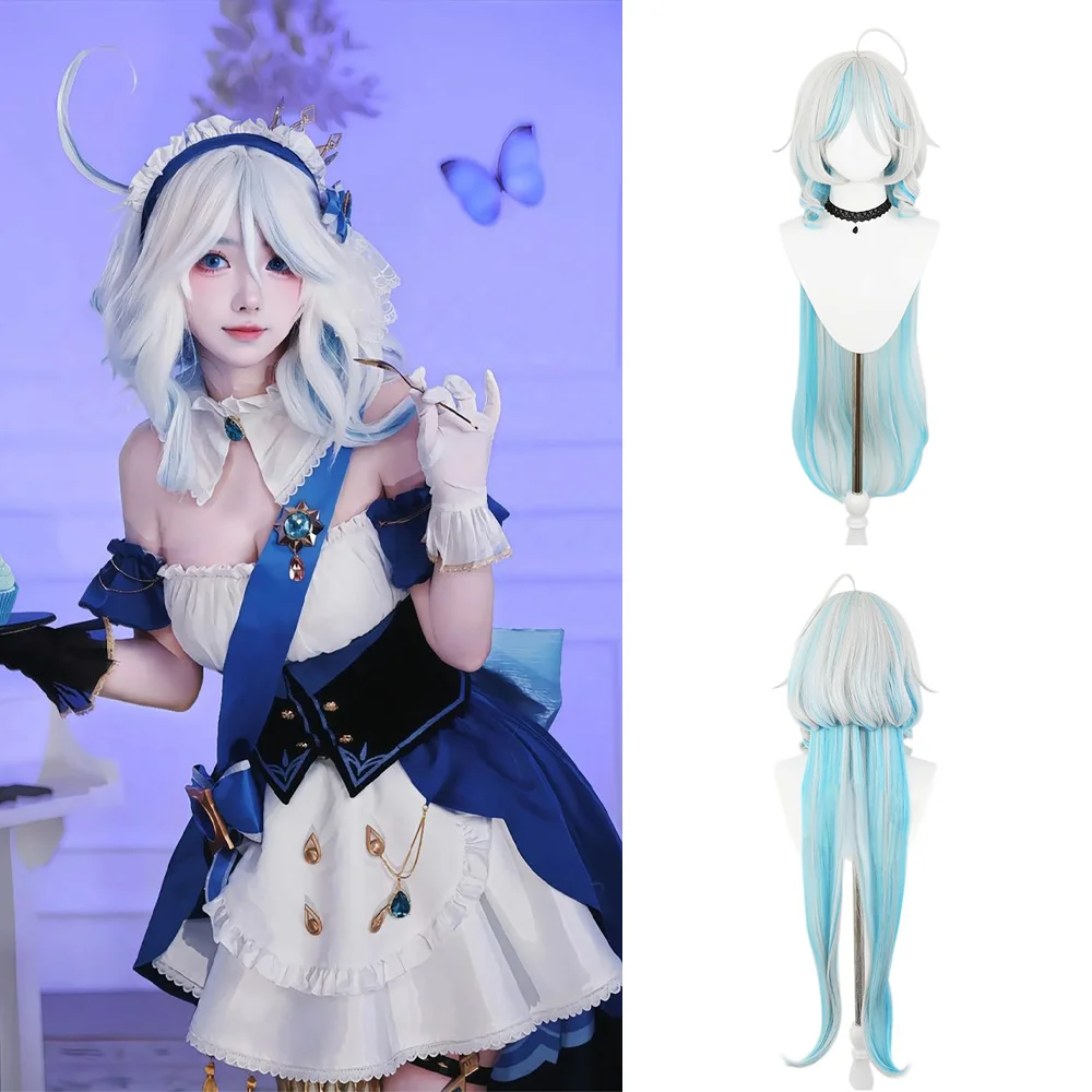 

Furina Cosplay Wig Hydro Archon Focalors Simulated Scalp Blue White Gradient Long Curly Heat Resistant Hair Easy to Style