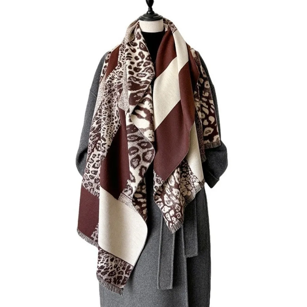 Fashion Thickened Imitation Cashmere Shawl Leopard Print Neck Protection Large Shawl Wrap with Tassel Pashmina Blanket for Women