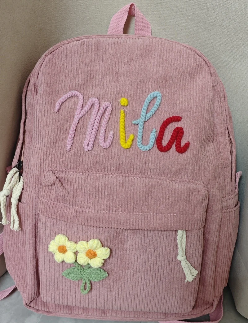 Zaino in velluto a coste fatto a mano personalizzato con il tuo nome, zaino casual, classico neutro, portatile per campus, borsa super morbida